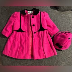 Girls Rothschild Vintage Fuchsia Coat with Black Accents and Hat, Size 2